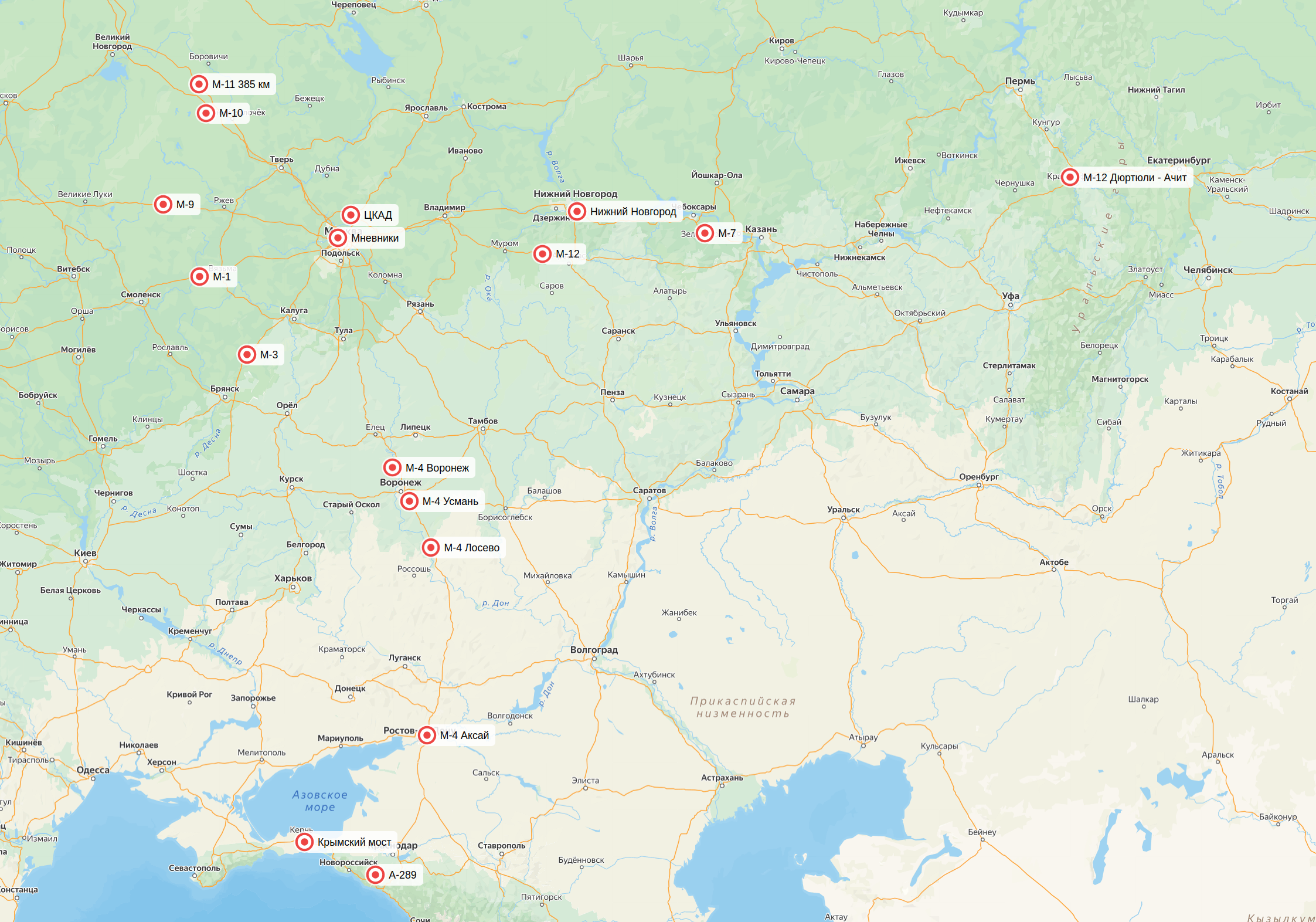 География работ ООО «Лакдей» — объекты дорожной разметки по России